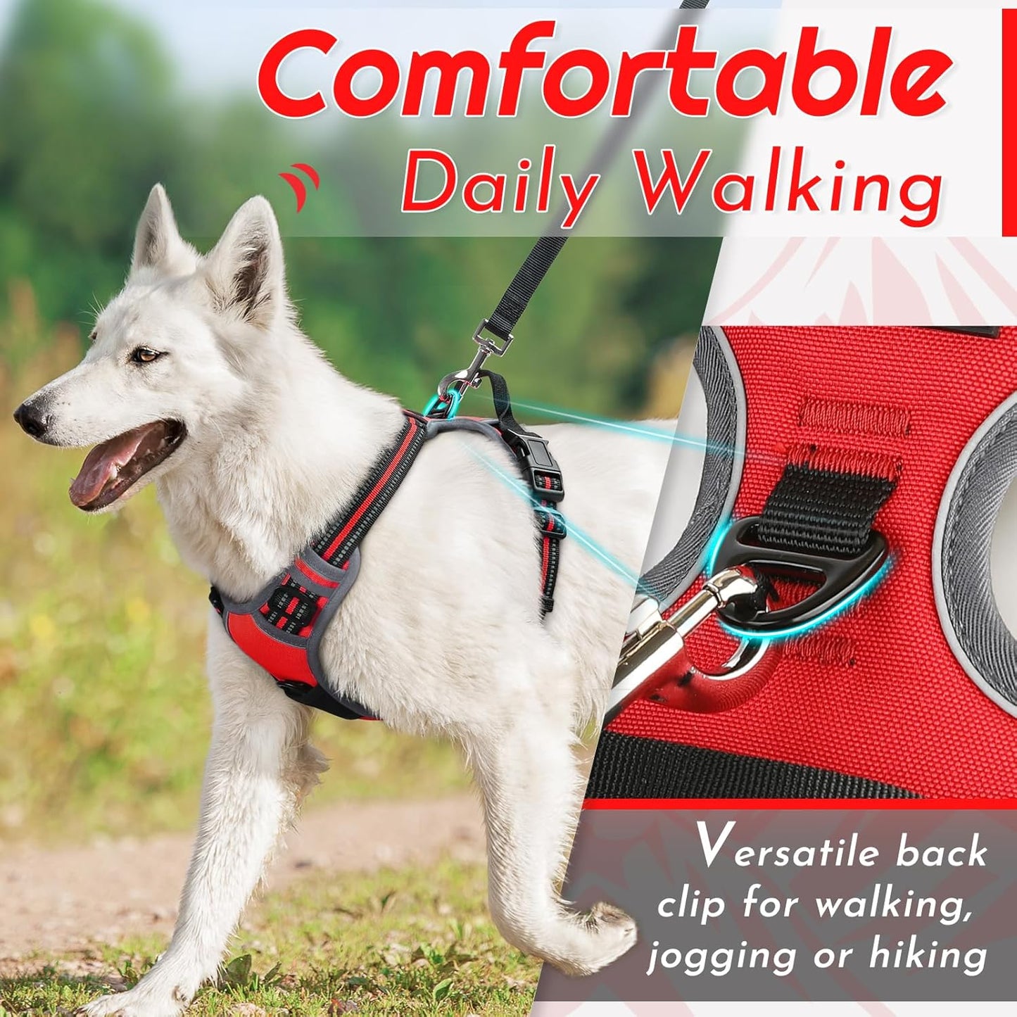 Eagloo Dog Harness for Large Dogs, No Pull Service Vest with Reflective Strips and Control Handle, Adjustable and Comfortable for Easy Walking, No Choke Pet Harness with 2 Metal Rings, Red, L