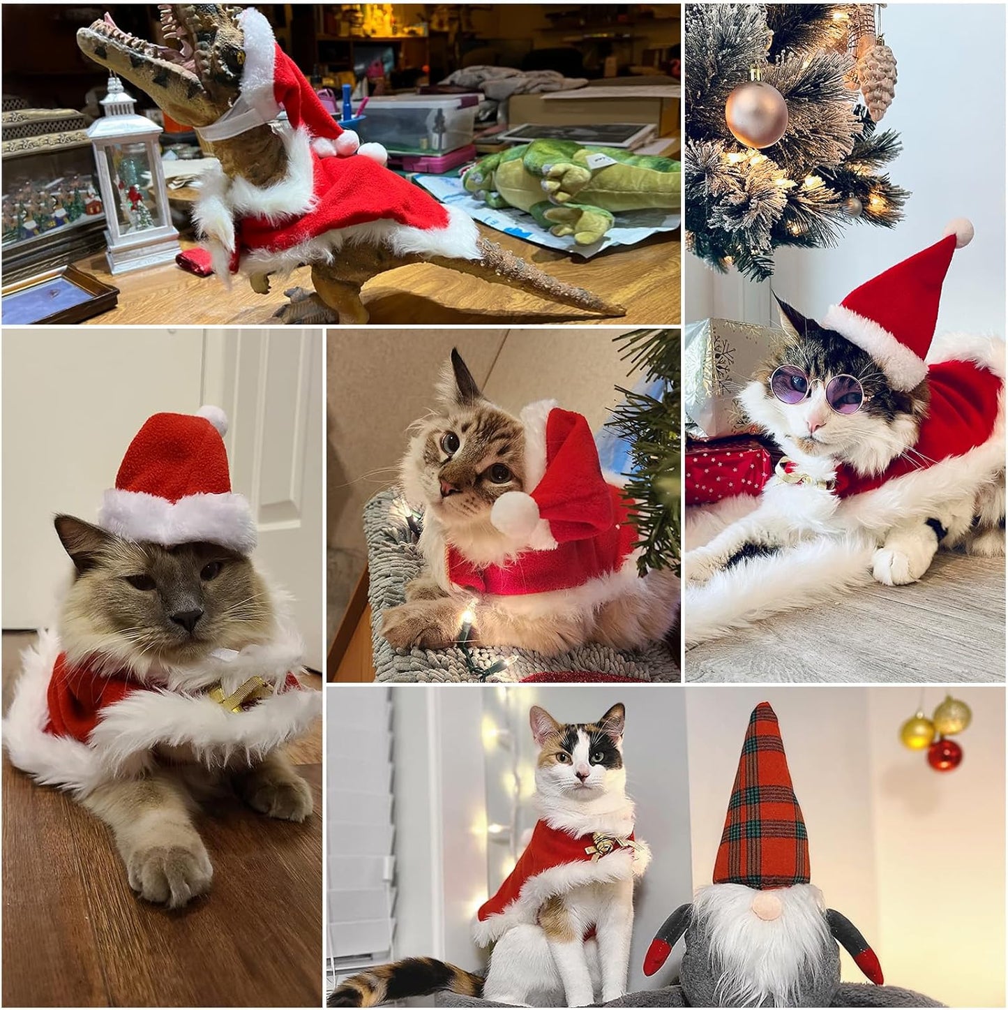 LESYPET Cat Christmas Costume, Santa Hat with Cloak for Small Dogs Rabbits Christmas Costume New Year, Red S