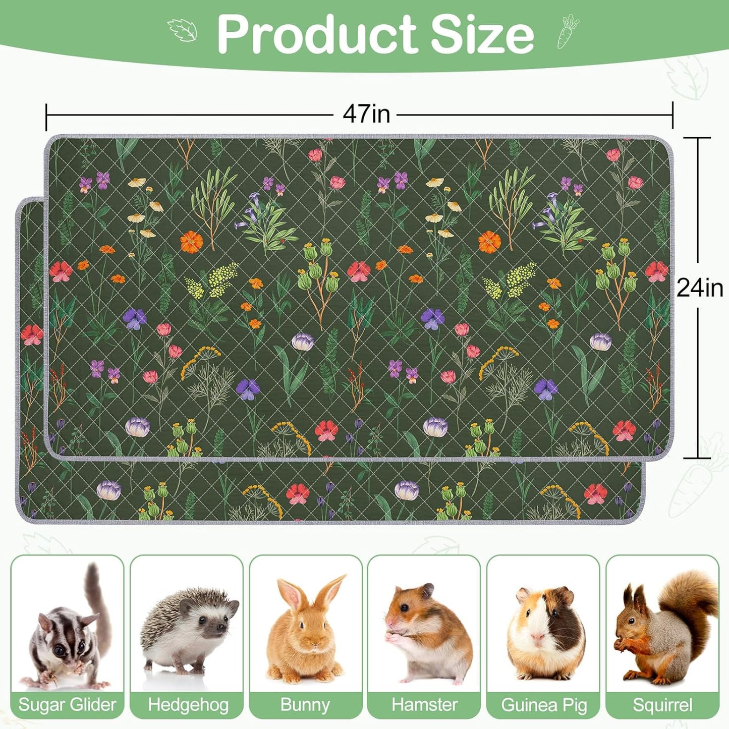 Bienbee Guinea Pig Bedding, 2 Pack 47" x 24" Reusable Guinea Pig Cage Liner Waterproof and Absorbent Small Animal Bedding Washable Guinea Pig Pee Pads for Small Pet Hamster Rabbit Squirrel, Green