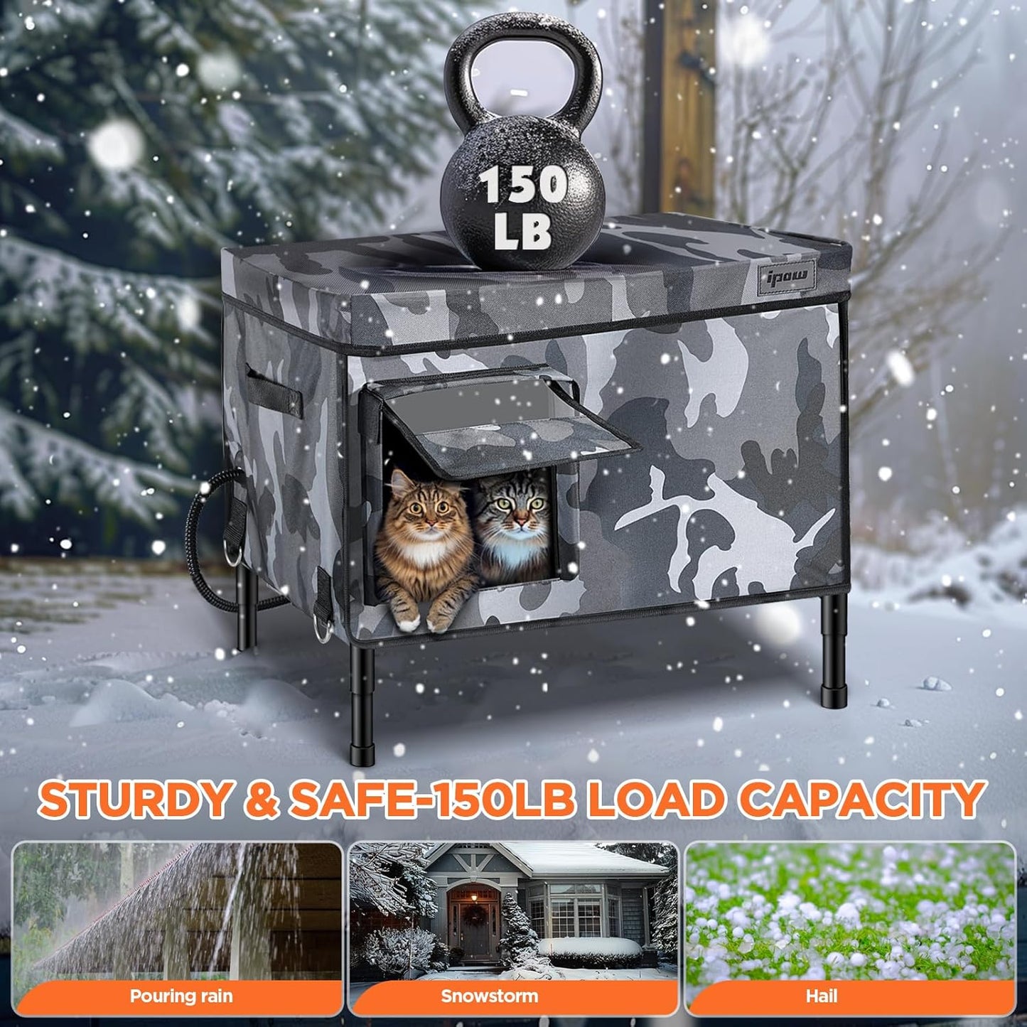 IPOW Extra Large Heated Cat House for Outside 6 Layers Ultra Sturdy Cat Houses for Outdoor Cats, 100% Waterproof with 900D Oxford Fabric & Fully Insulated Weatherproof Heated Plush Pad