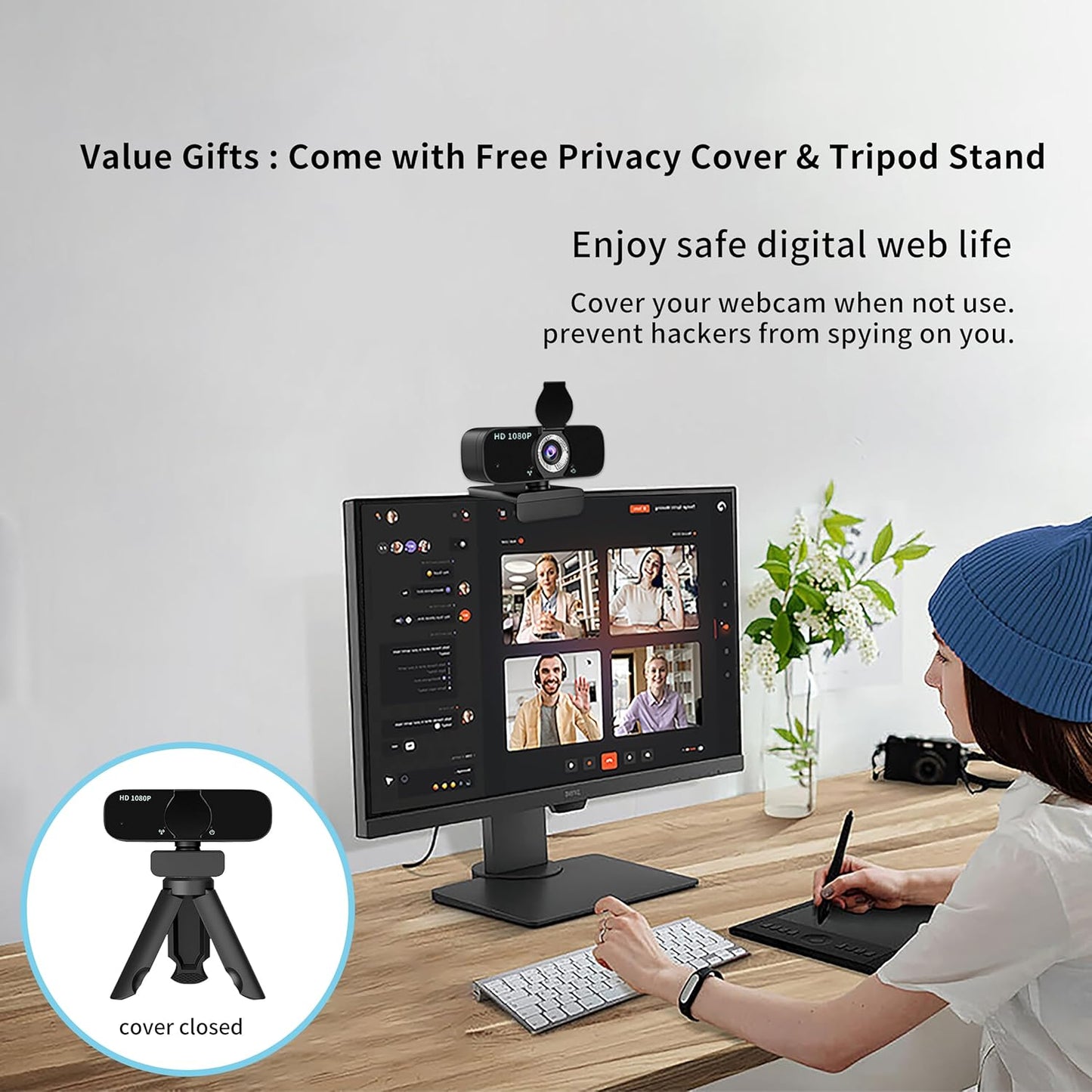 1080P Webcam for Computer/Laptop/Desktop/PC, External Camera with Microphone, USB Plug&Play, Auto Low Light Correction, Privacy Cover, Tripod, Wide Angle for Meeting/Online Video/Zoom