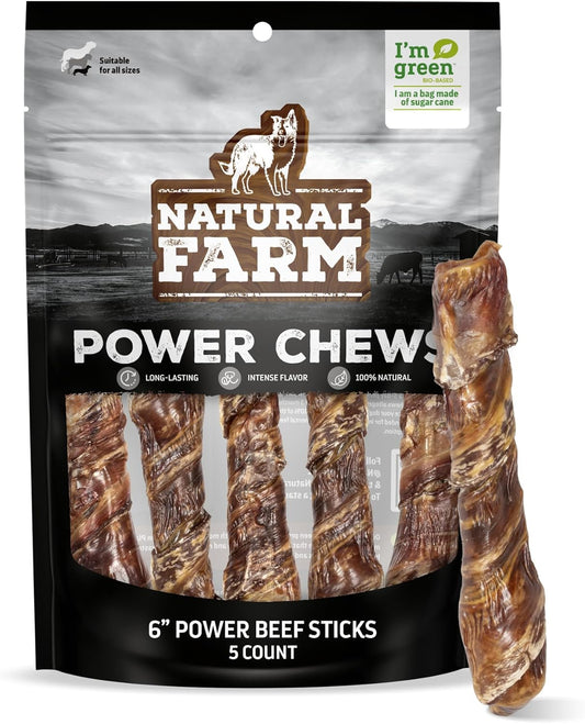 Natural Farm Power Beef Sticks Dog Chews (6”, 5-Pack), 2-in-1 Power Chews: Premium Bully Cheek Wrapped in Beef Esophagus for Double Chewing Time, Promotes Dental Health, Great for Medium Dogs