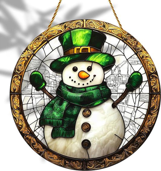 8x8 inch Charming Chrismas Snowman Acrylic Stained Glass Window Hanging Sun Catcher Decor Stained Panel Hangings Wall Art Decor, for Friends and Family (Snowman)