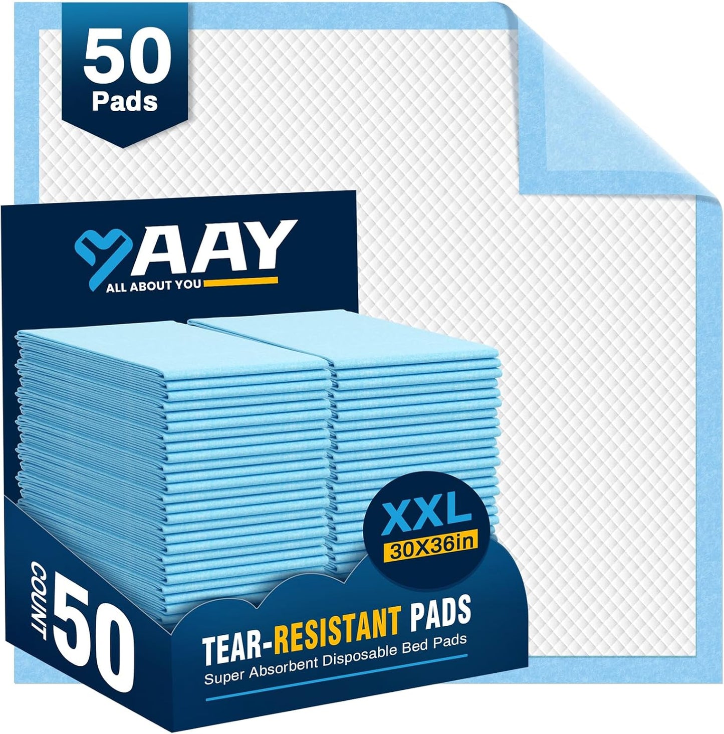AAY Disposable Bed Pads 30"X36" (50pcs) Tear-Resistant Cloth Backing Underpads Super Absorbent Pee Pads Extra Large Premium Chucks for Adults Incontinence Pads Waterproof for Elderly, Kids or Puppy