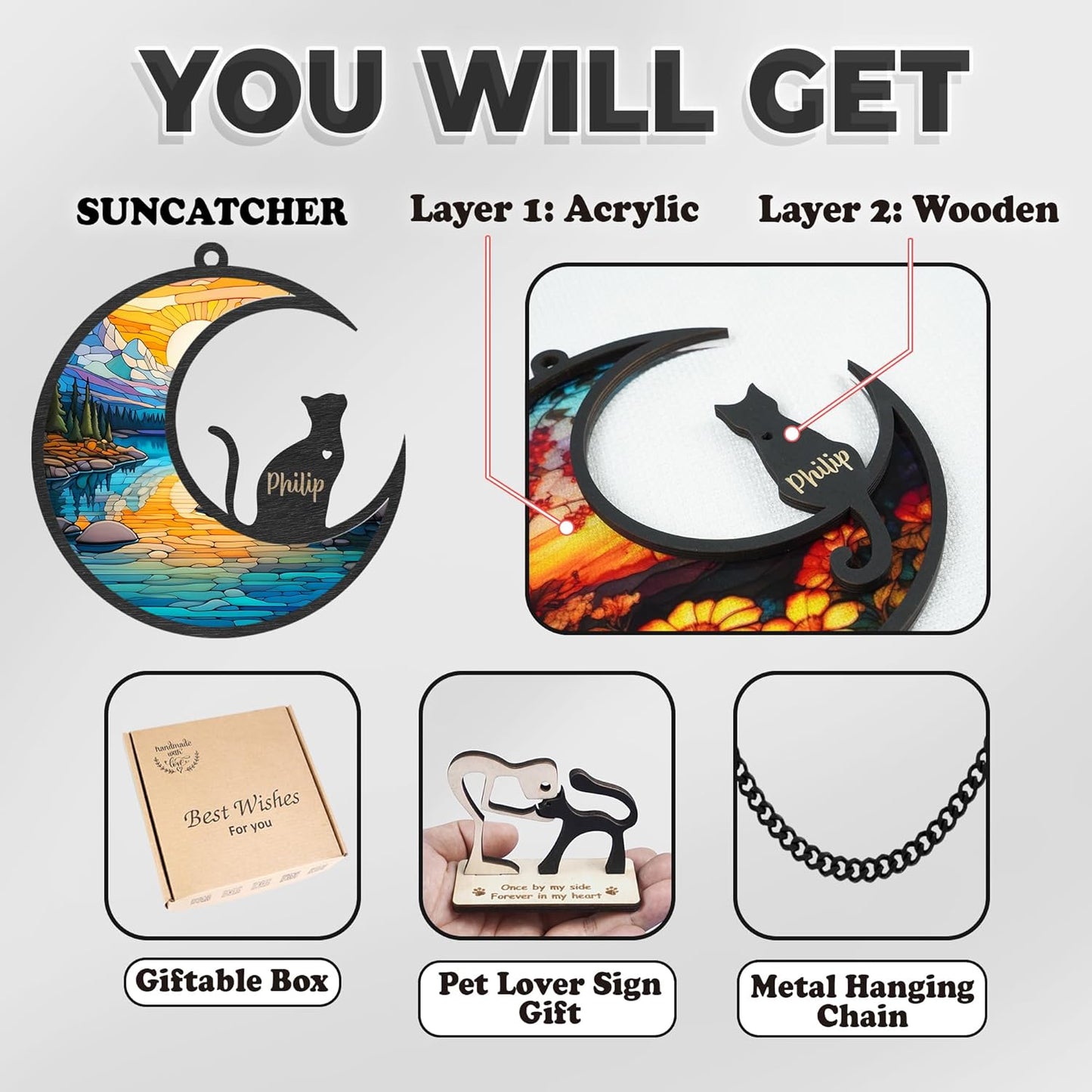 Personalized Cat Memorial Suncatcher Custom Name Shapes Pet Ornament Window Car Hanging Sympathy Gift for Loss of Cats Bereavement Keepsake Remembrance Gifts for Cat Lovers