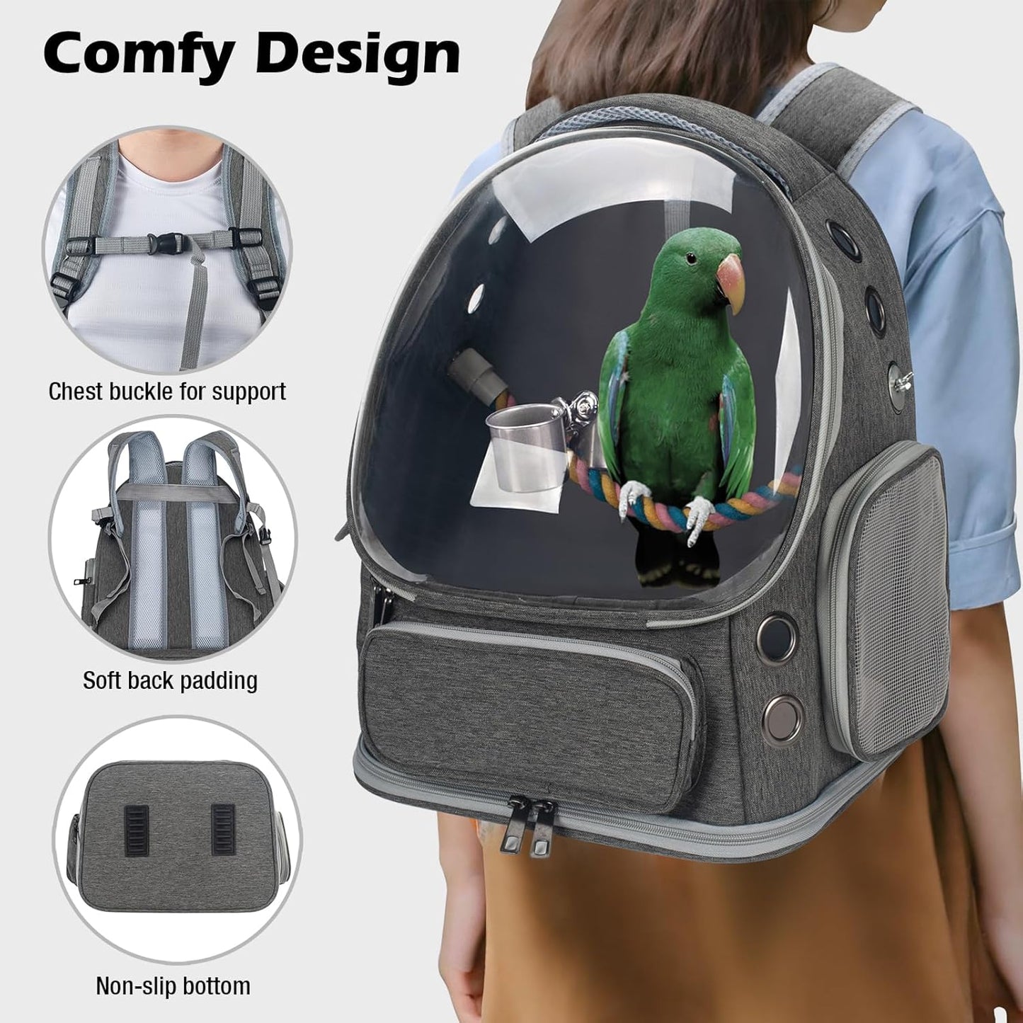 Bird Backpack Carrier Travel Cage with Perch, Tray and Breathable Clear Window, Bird Travel Cage for Cockatiel Caique Conure Quaker, for Vetting Camping Hiking (Grey)