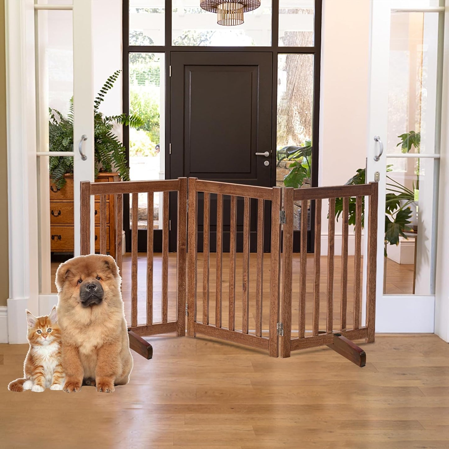 LZRS Solid Hardwood Freestanding Pet Gate,Wooden Dog Gates Indoor for Doorways,Nature Wood Dog Gates for The House,Stairs,Safety Fence,Oak,30" Height-3 Panels