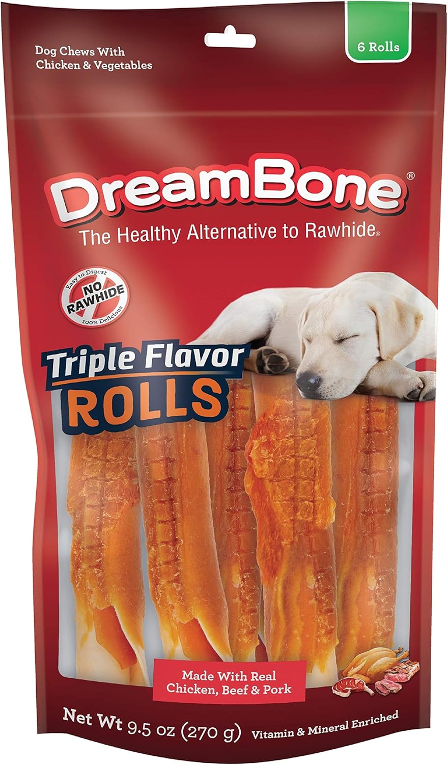DreamBone Triple Flavor Rolls 6 Count, Rawhide-Free Chews for Dogs