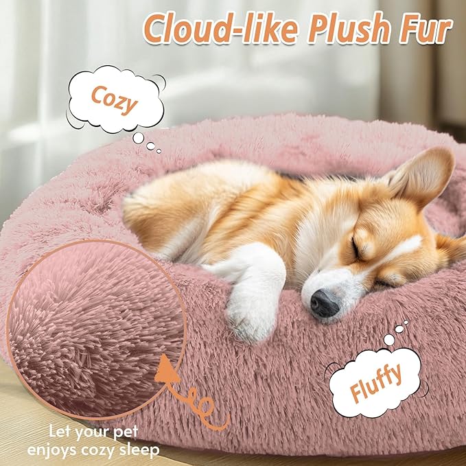 JOLLYVOGUE Calming Dog & Cat Bed for Small Dogs, Anti-Anxiety Donut Cuddler Cozy Soft Round Bed with Anti-Slip Bottom, Fluffy Faux Fur Plush Cushion Beds for Small Medium Pets (20")