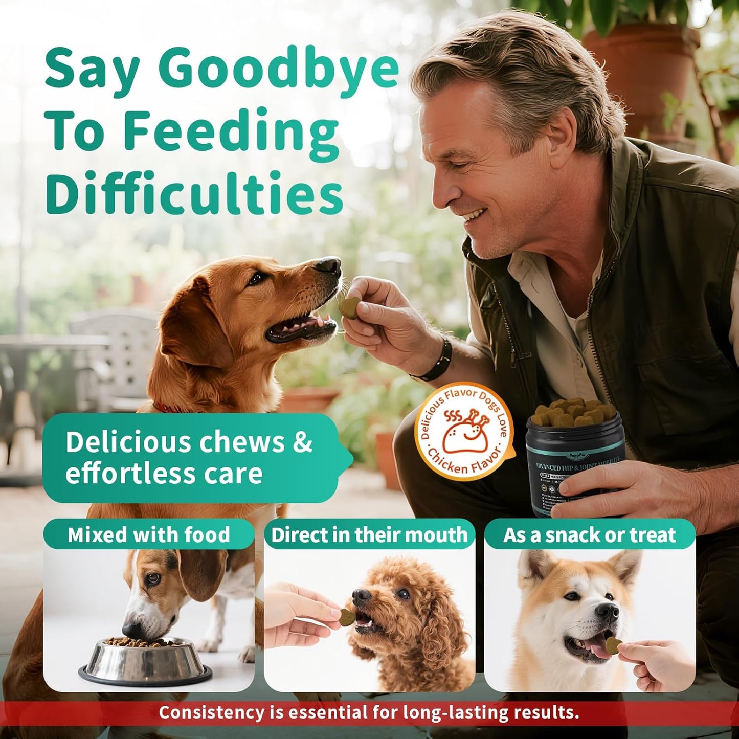 Dog Hip and Joint Supplement, 15-in-1 Advanced Glucosamine for Dogs with Chondroitin, MSM, New Zealand GLM, Pea, Omega 3 - Chicken Flavor - 90 Soft Chews, Fits All Breeds and Sizes