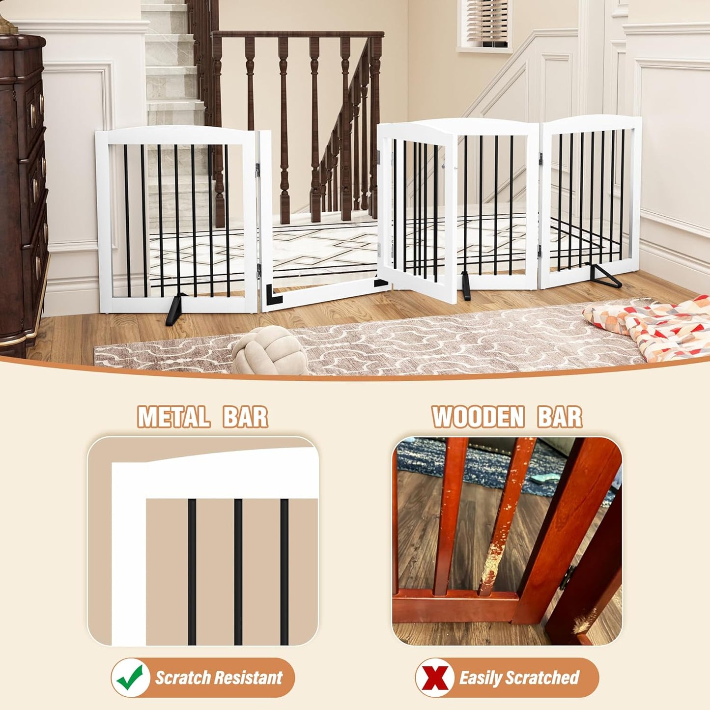 Freestanding Dog Gates with Door Walk Through, 80 inch Wide Gates Indoor, Dog Fences Indoor, Support Feet Included, 4 Panels, 32" Tall, White & Black