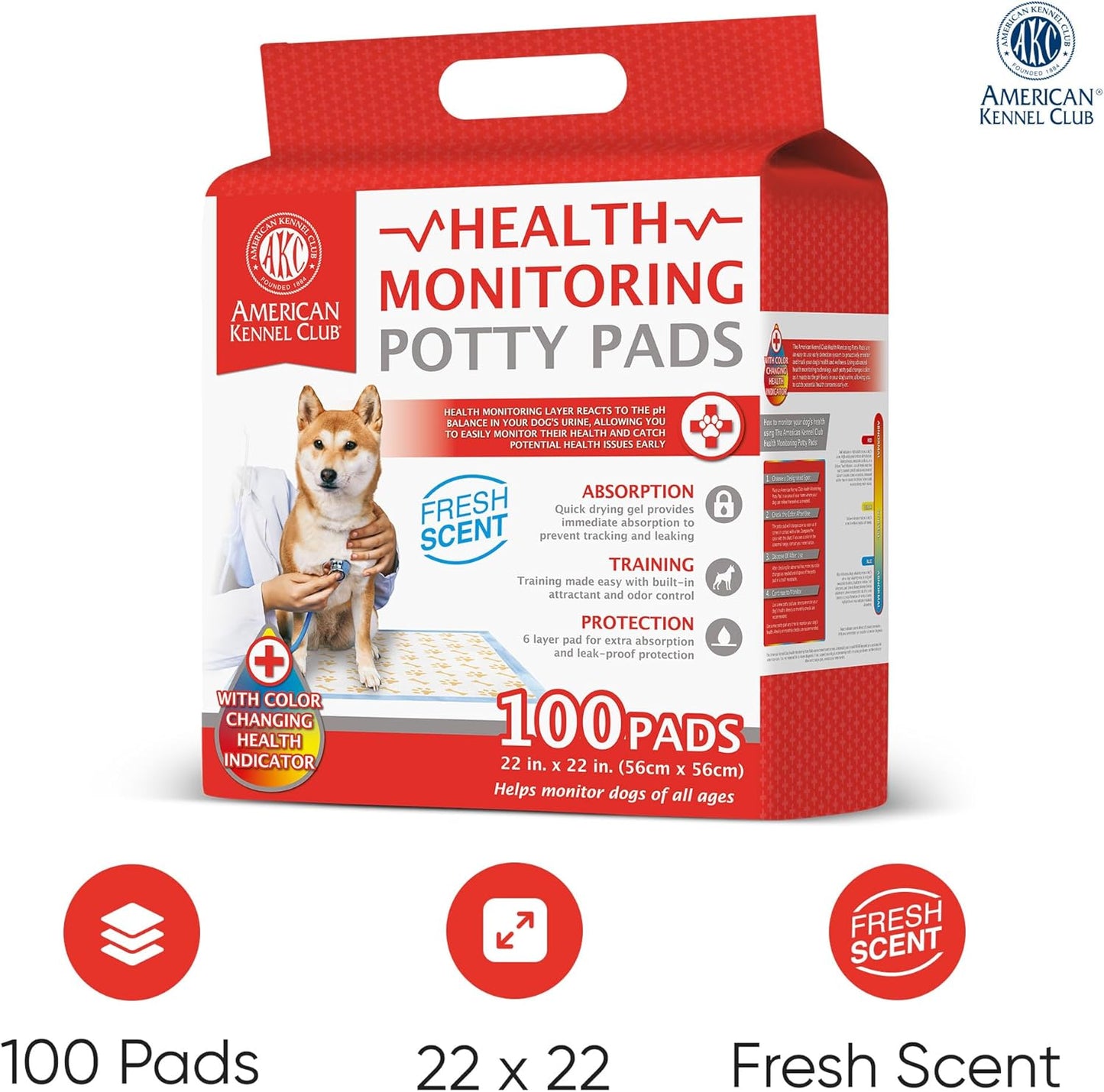 AKC Advanced Puppy Pads with Color-Changing Health+ Indicator and Ultra Absorbent Quick Dry Gel – 22"x22" Leakproof Training Pads for Dogs – Fresh Scented – 100 Count