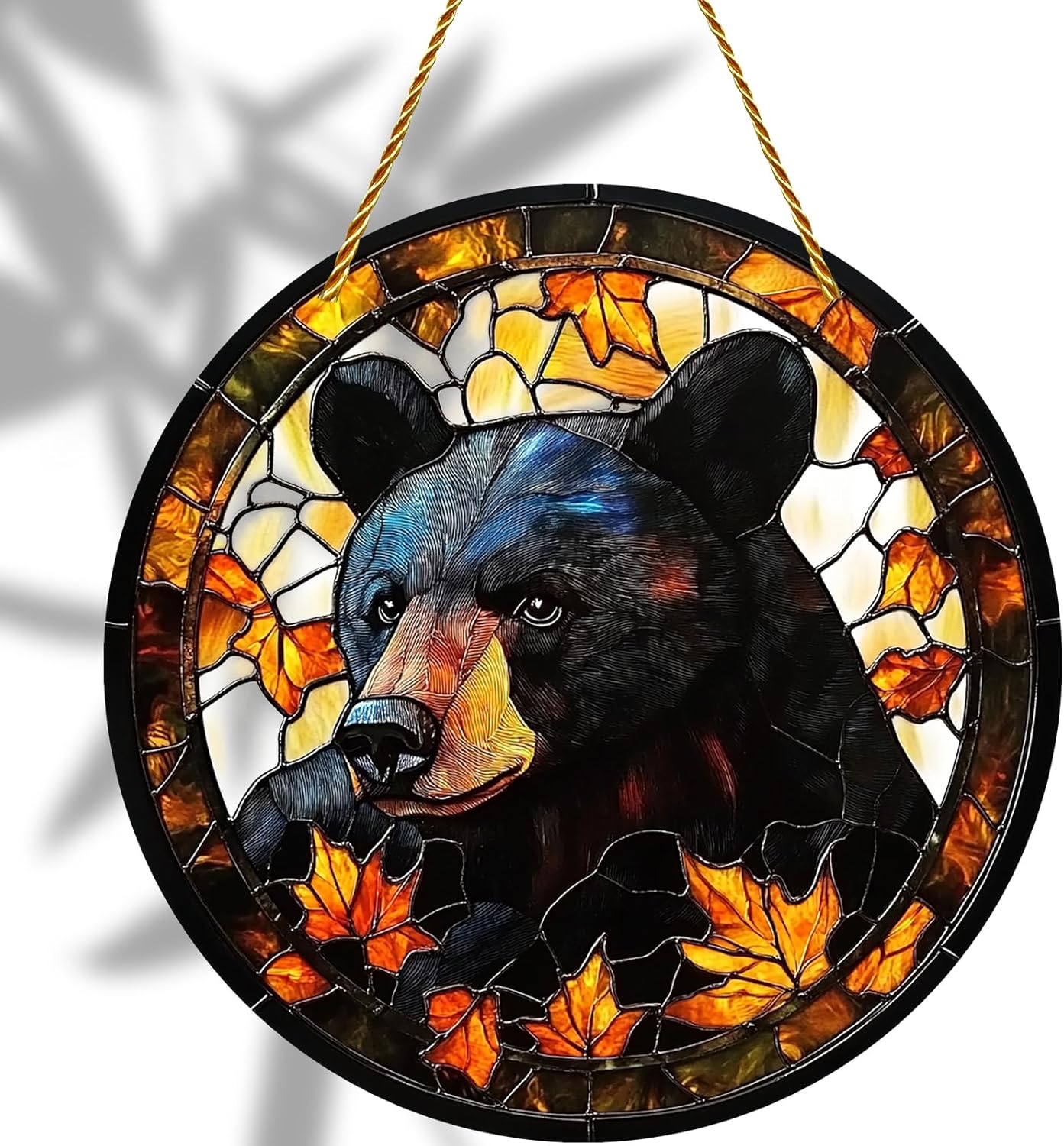 8x8 inch Charming Black Bear Autumn Acrylic Stained Glass Window Hanging Sun Catcher Decor Stained Panel Hangings Wall Art Decor, for Friends and Family (Black Bear)