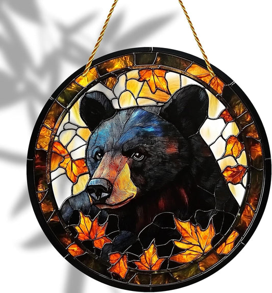 8x8 inch Charming Black Bear Autumn Acrylic Stained Glass Window Hanging Sun Catcher Decor Stained Panel Hangings Wall Art Decor, for Friends and Family (Black Bear)