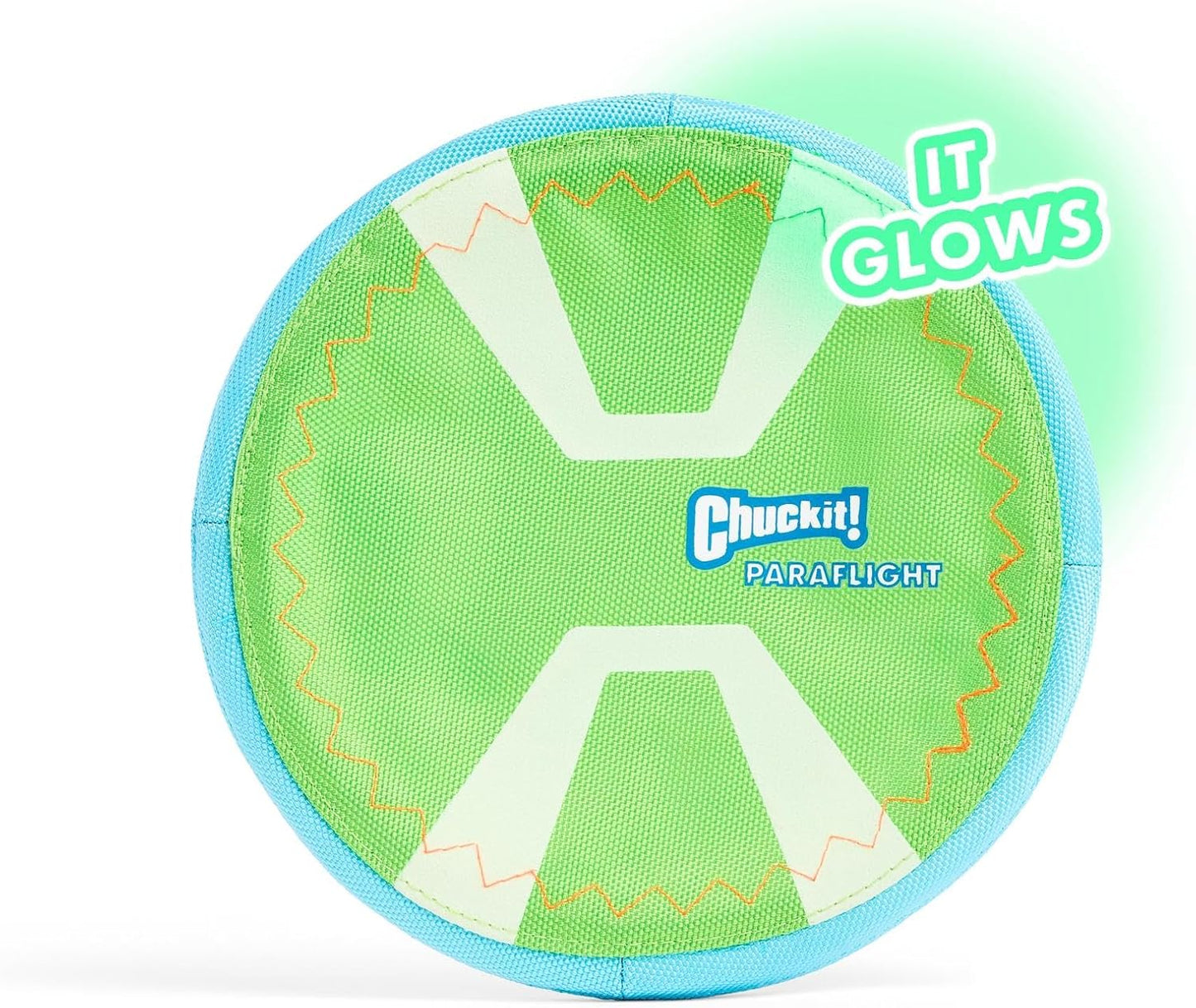 Chuckit! Max Glow Paraflight Flying Disc Dog Toy, Small (6.75"), Green And White