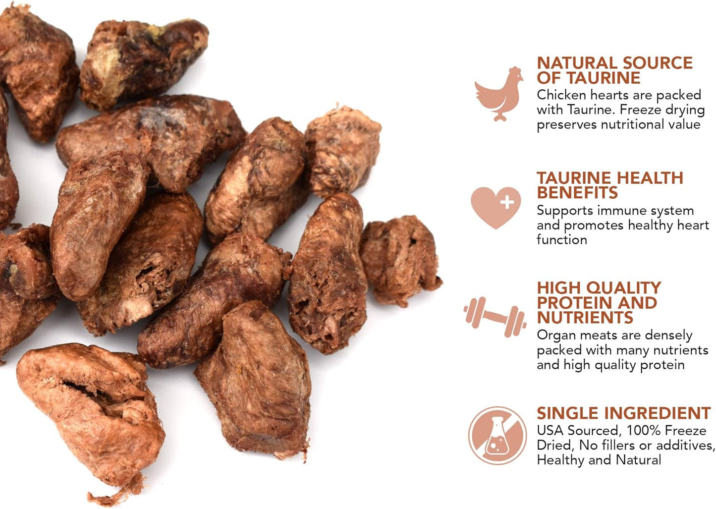 Chicken Hearts for Dogs - Freeze Dried Chicken Dog Treats - Natural Taurine, Better than Duck, Turkey - Single Ingredient, Dehydrated Chicken, Grain Free for Pets, Puppy, Cats Training - Made in USA