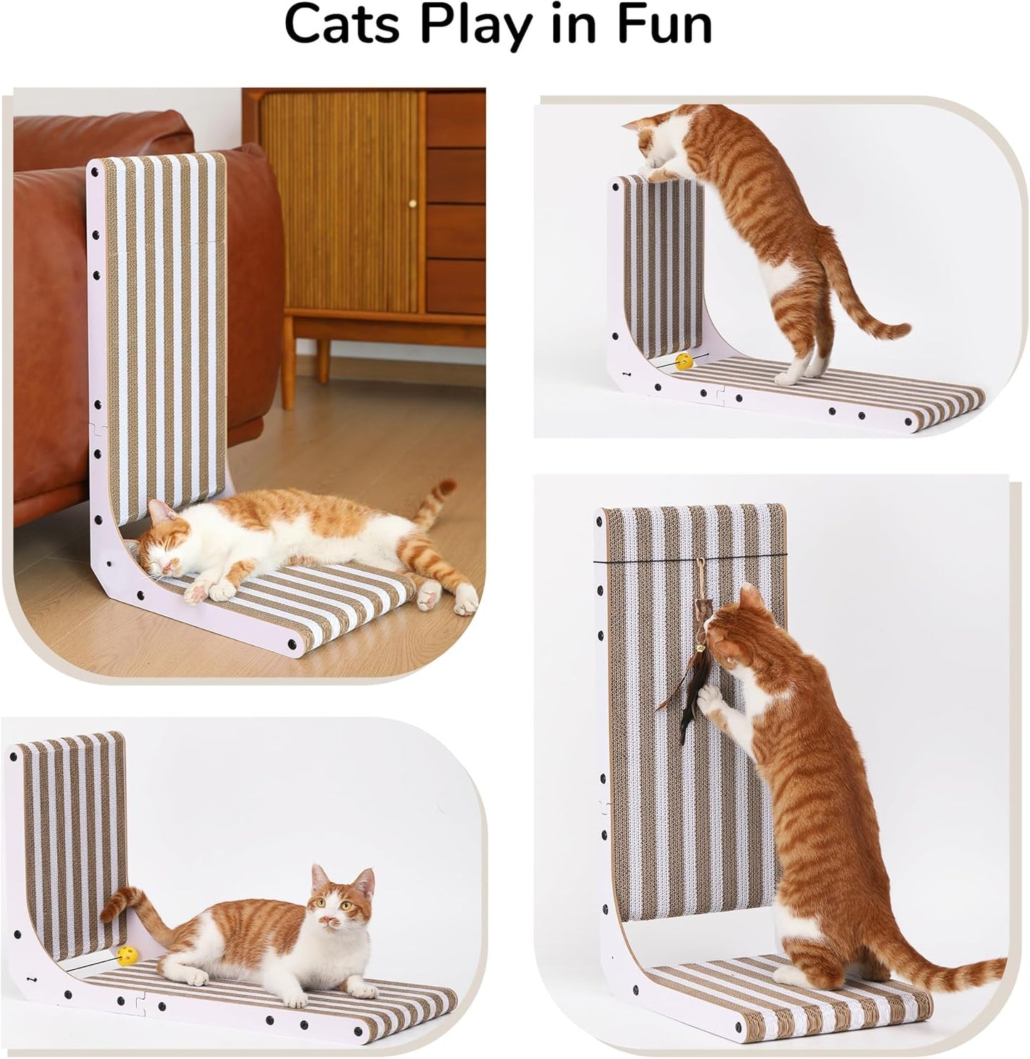 FUKUMARU Cat Scratcher, 26.8 Inch L Shape Cat Scratch Pad, Strip Pattern Cats Scratching Post Wall Mounted, Cardboard Cats Scratcher with Ball Toy for Indoor Kitty, Fun Playing Box Included, L
