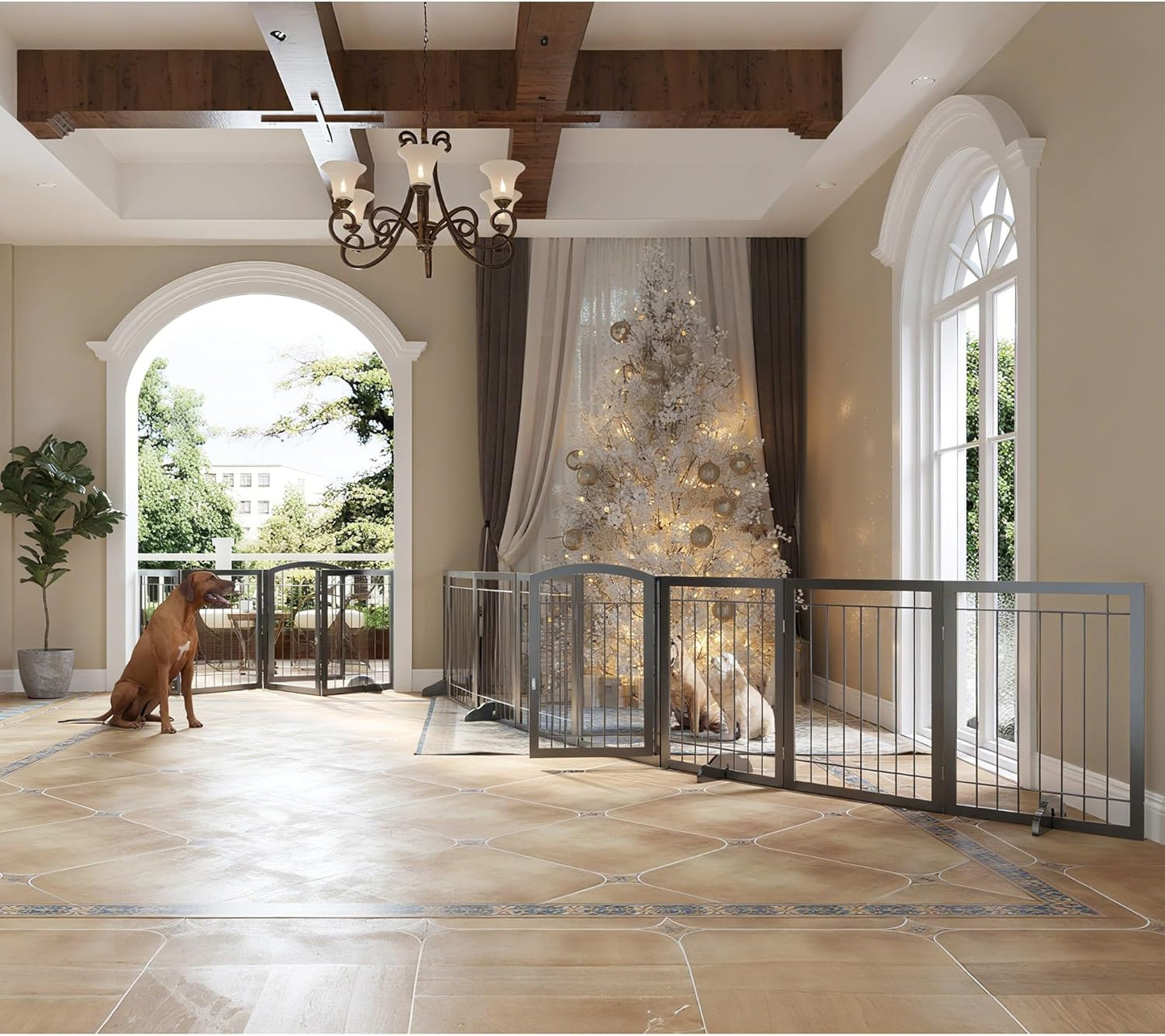 JSB 192-inch Extra Wide 30-inch Tall Dog gate with Door Walk Through,Full Matel Freestanding Pet Gate for Halls, Stairs & Home, Pet Puppy Safety Dog Fence with 4PCS Support Feet (Black)