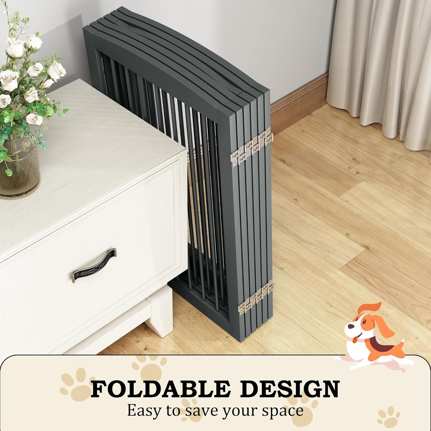 Freestanding Pet Gate with Door, Tall Dog Gate for House, Extra Wide, Pet Puppy Safety Fence, Support Feet Included, 120 Inch Wide, 6 Panels 32" Tall, Gray