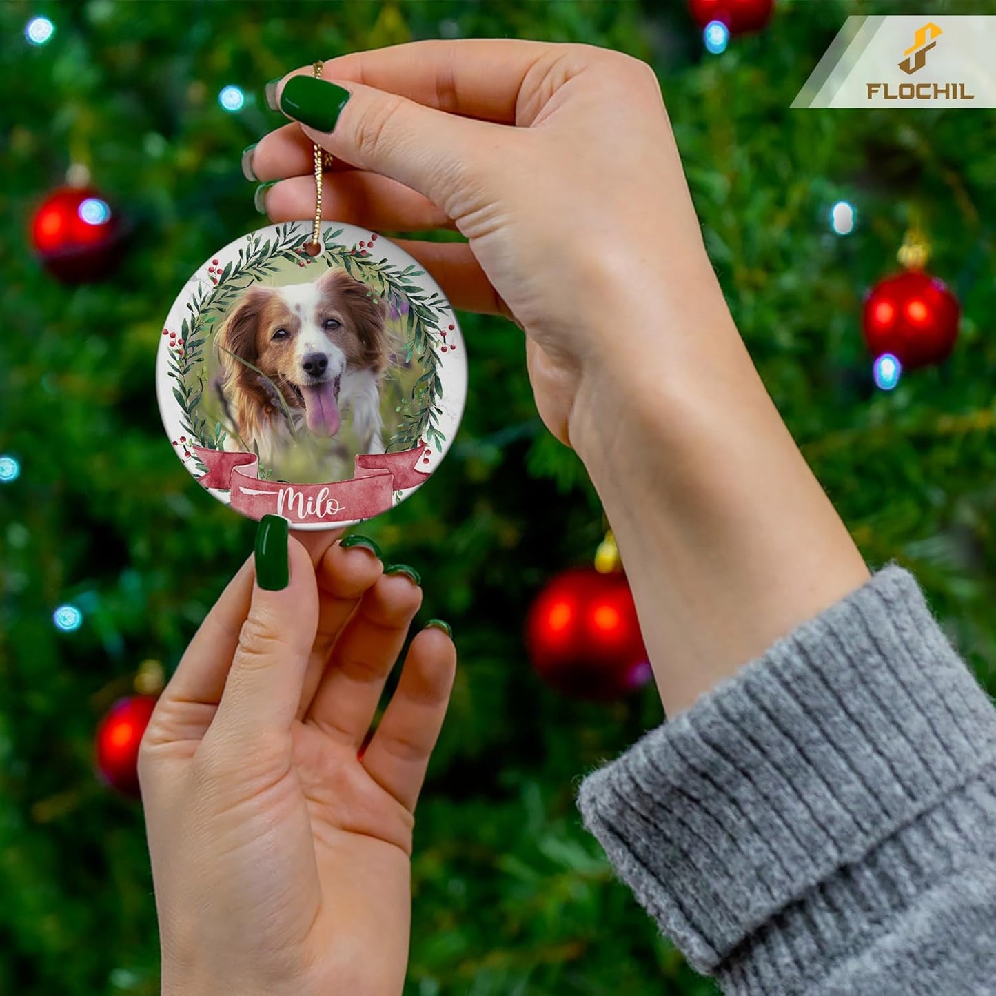 FLOCHIL Personalized Dog Christmas Ornaments, Custom Photo Name for Christmas Trees, Dog First Christmas Ornaments, Best Gifts for Pet Lovers