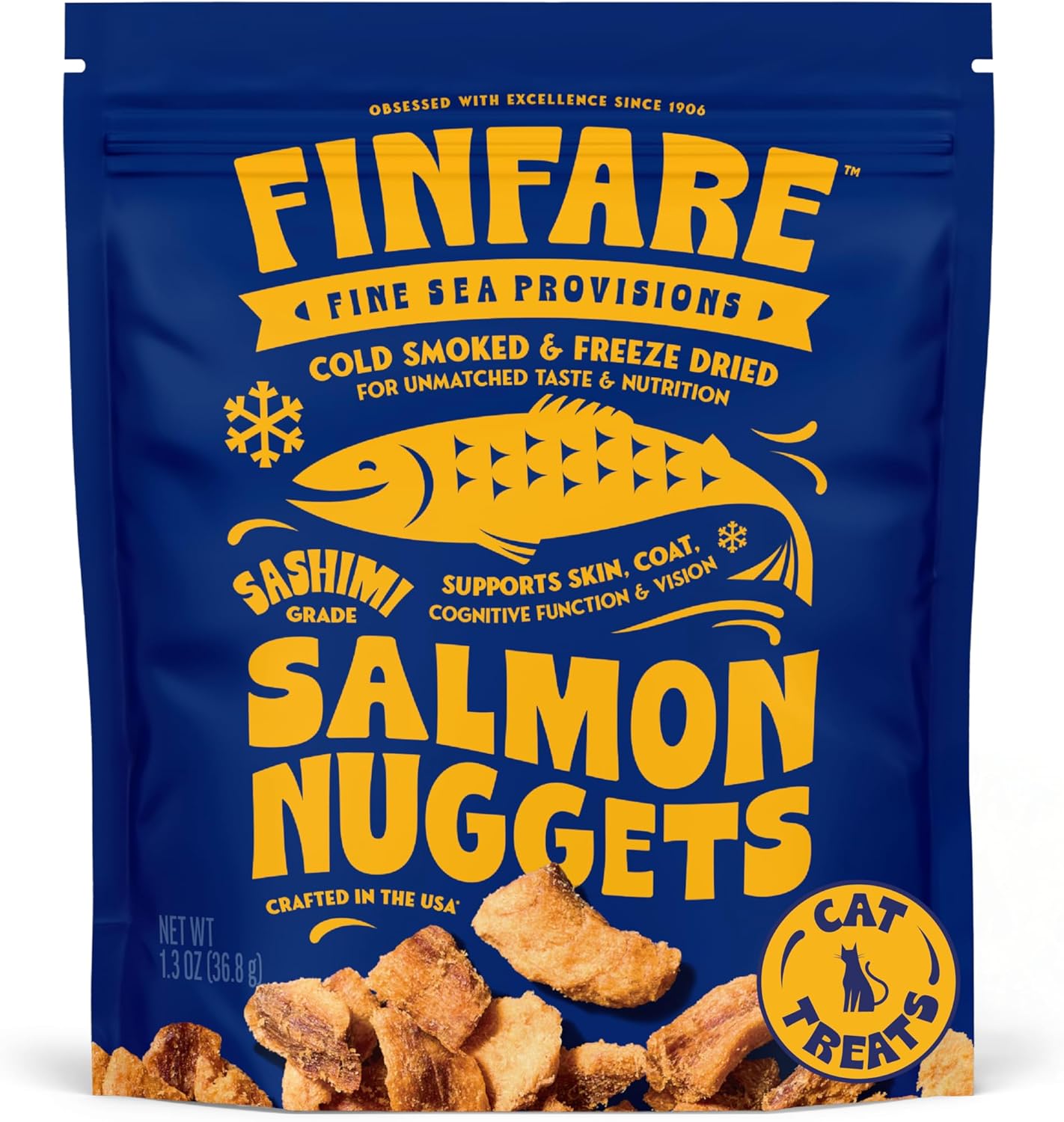 Finfare Freeze Dried Salmon Nuggets, Grain Free Salmon Cat Treats, High Protein & Omega-3s to Support Skin, Coat & Wellness, Crafted in USA, 1.3oz