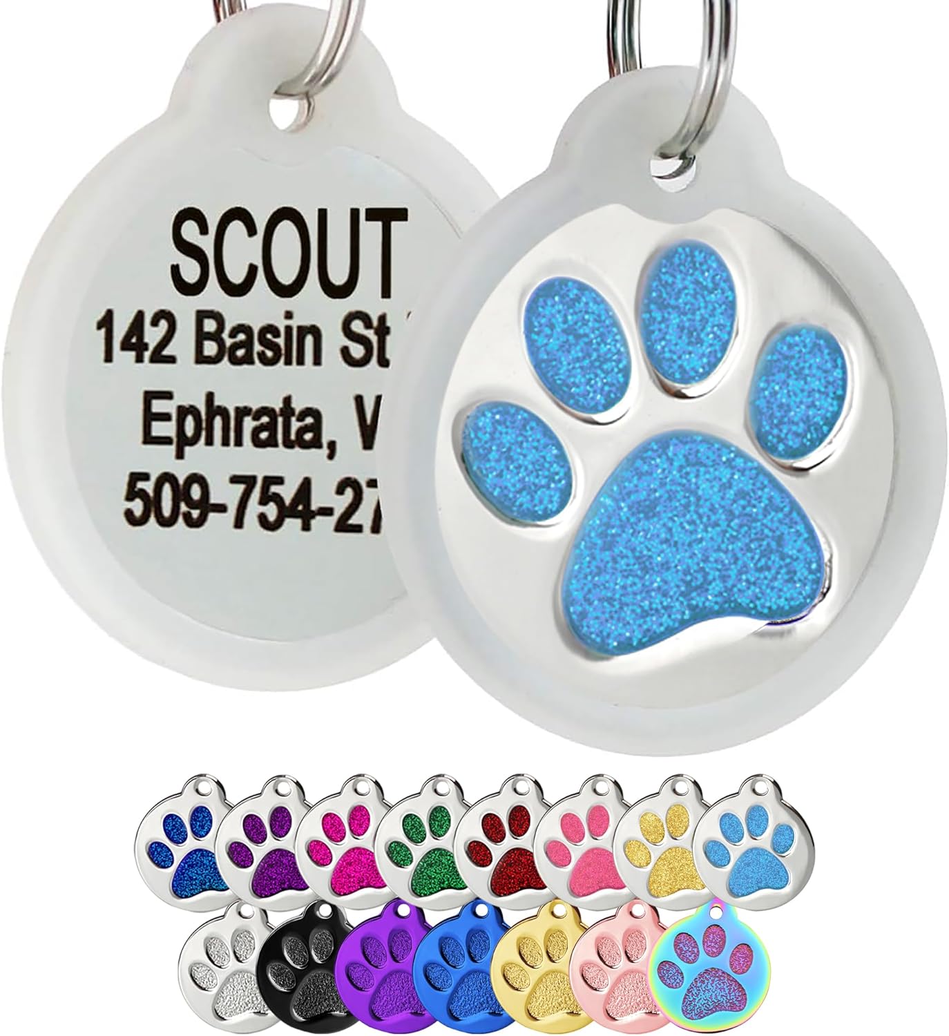 GoTags Paw Print Round Stainless Steel Pet Tag for Dogs and Cats, Personalized with 4 Lines of Custom Engraved ID Name and Number, in Stainless Steel and 15 Colors Small and Large, Glitter Light Blue