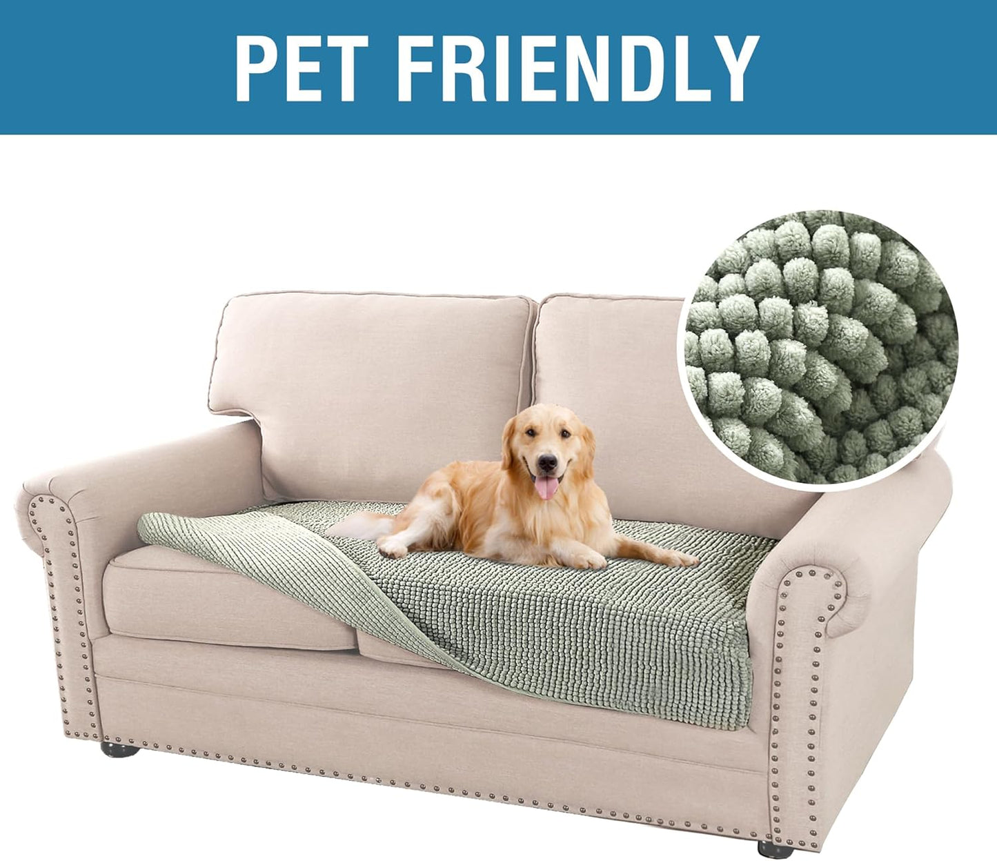 H.VERSAILTEX Plush Chenille Dog Bed Cover Thick Soft Loveseat Cover for 2 Cushion Couch Anti Slip Couch Cover Furniture Protector for Dog, Pet, Cat (35" x 62", Sea Foam)