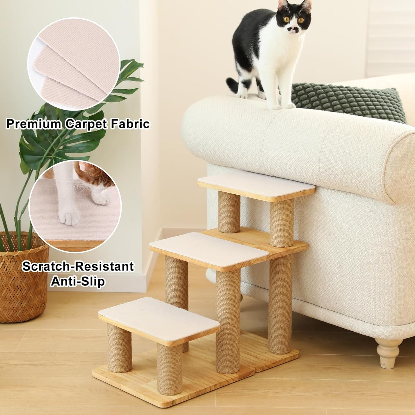 FUKUMARU Dog Stairs, Solid Wood Pet Stairs with Cat Scratching Post, Transformable Cat Ramp Can Hold Up to 200 lbs, 20 Inch Pet Steps for Dogs and Cats to Climb High Bed and Couch, Over 6 Combinations