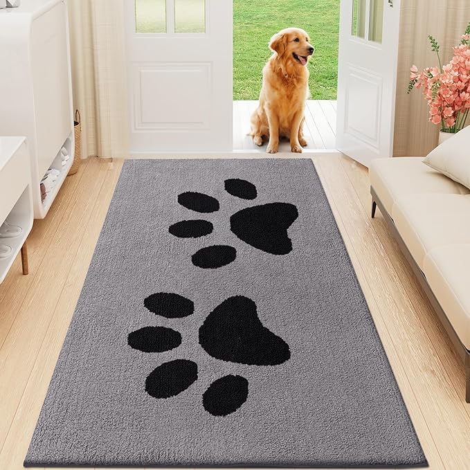 Buganda Dog Door Mat for Muddy Paws, Absorbent Dirt Trapper Washable Indoor Doormats, Non Slip Low-Profile Mud Mat for Dogs, Front Entrance Doormat for Inside Floor (59x35 Inches, Grey)