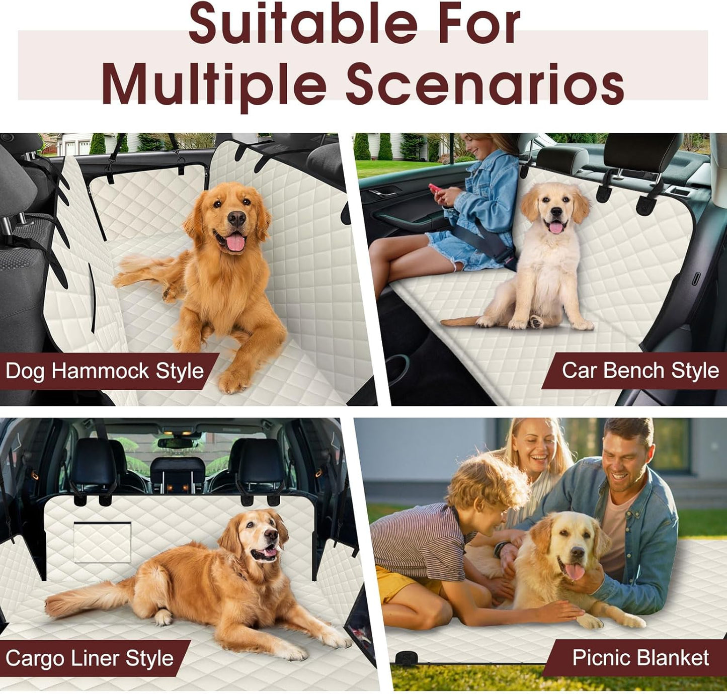 Waterproof Dog Car Seat Cover for Back Seat - Durable, Scratch Proof Pet Hammock with Nonslip Design & Storage Pockets, Fits Cars, SUVs, Trucks - L, Beige/Black