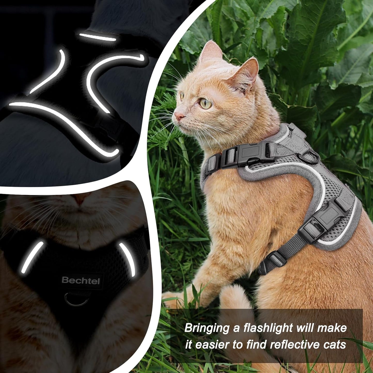 Cat Harness and Leash Set for Walking Escape Proof, Adjustable Soft Kittens Vest with Reflective Strip for Cats, Comfortable Outdoor Vest, Cat Car Leash, Grey, M