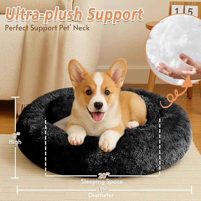 JOLLYVOGUE Medium Calming Dog Bed, Anti-Anxiety Donut Cuddler Cat Bed with Anti-Slip Bottom, Fluffy Faux Fur Machine Washable Pet Cushion for Medium Large Dog & Cat (31")