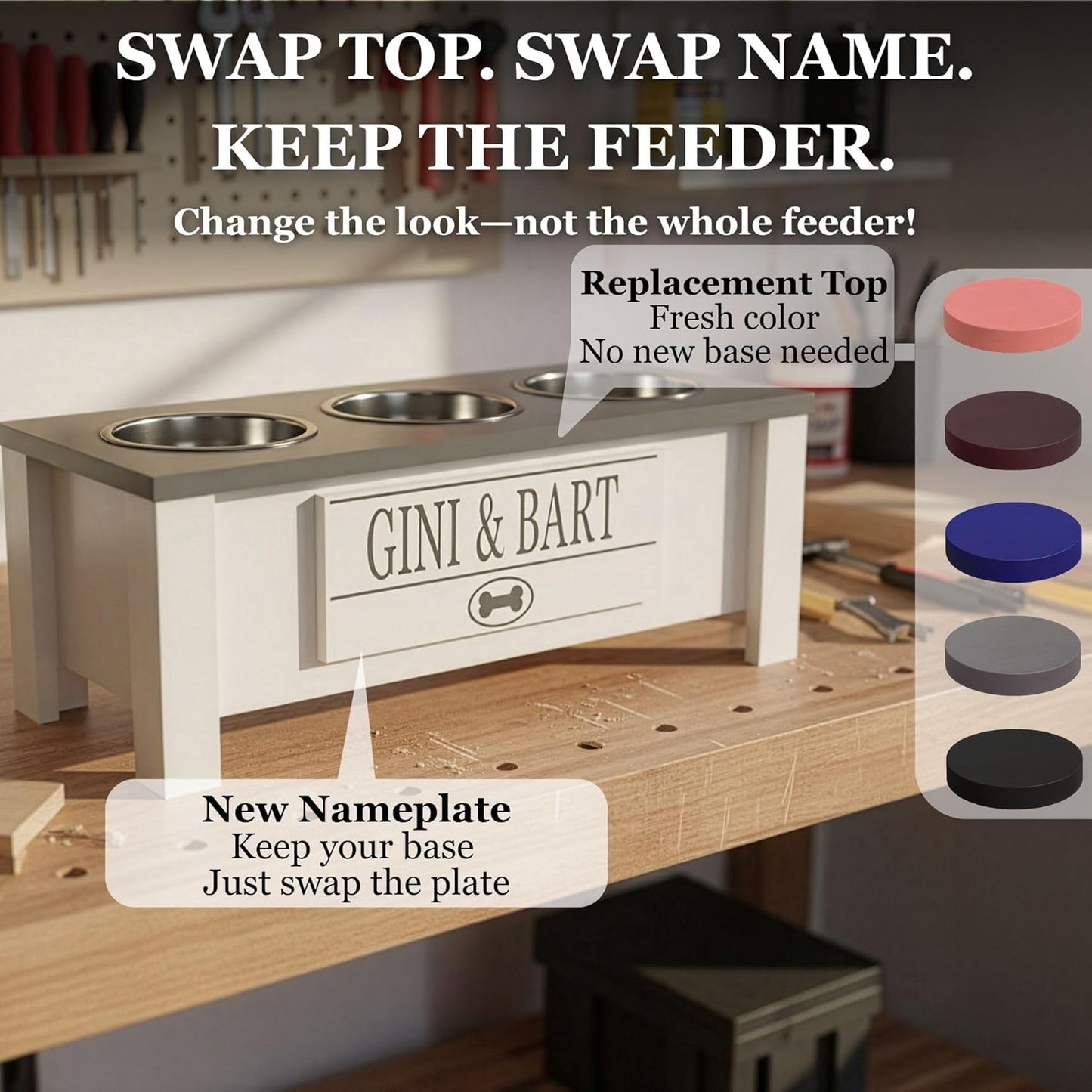 GrooveThis Woodshop - Personalized Elevated Triple Dog Bowl Stand for Large, Medium, Small, X-Small Dogs - 3 Stainless Steel Food and Water Bowls - Raised Dog Dish with Internal Storage (Large, Brown)