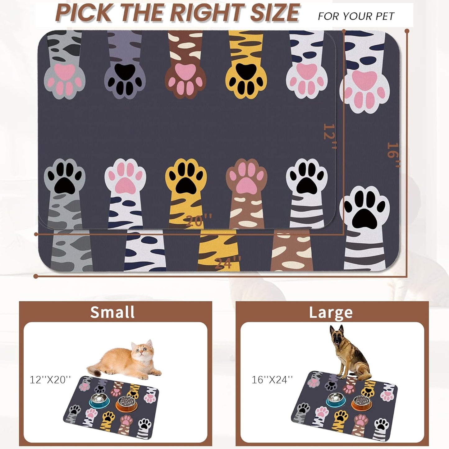 Cute Cat Paw Print Dog Food Mat for Floors,Absorbent Pet Food and Water Bowl Mats,Non-Slip Pet Feeding Mat,Pet Supplies 12" x 20"