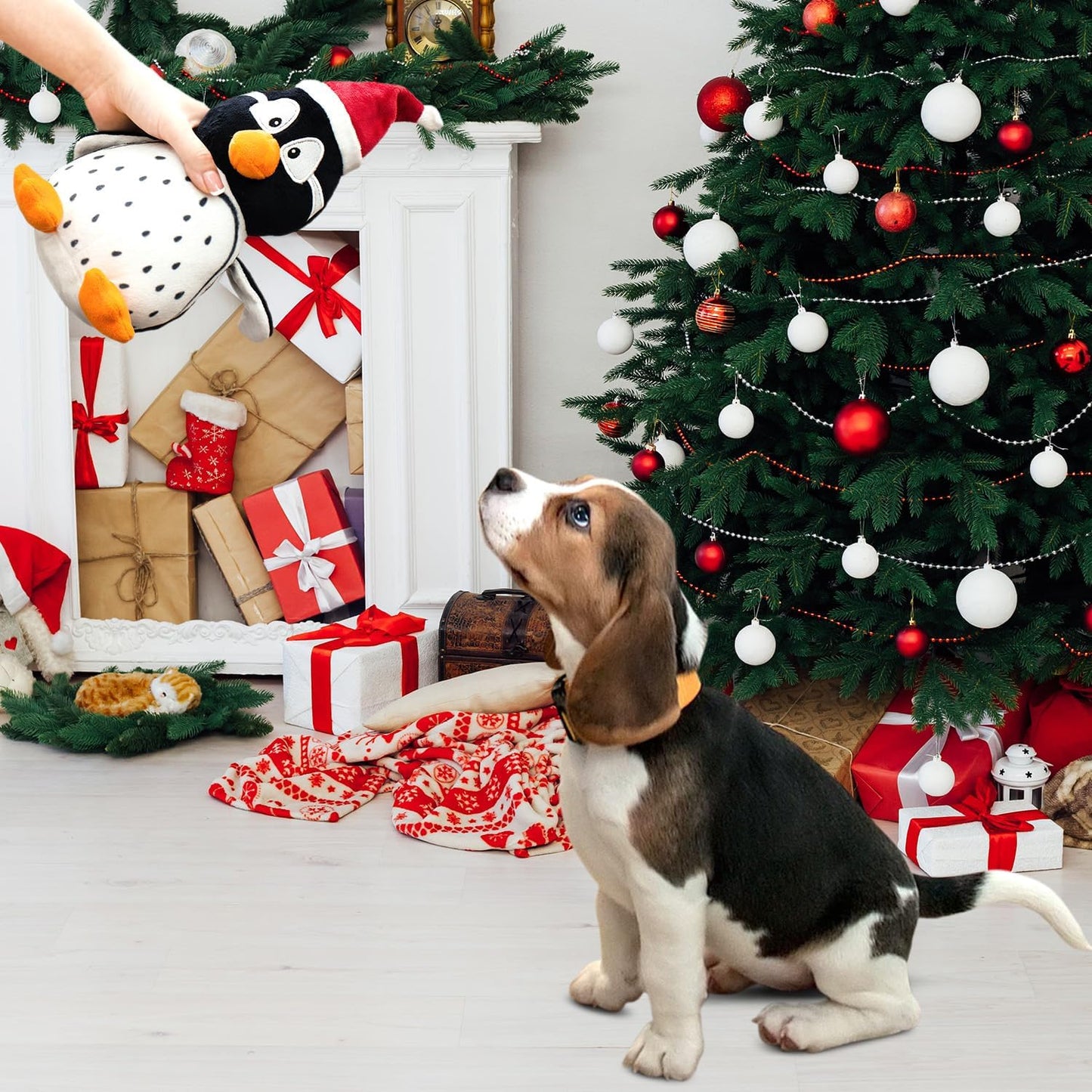 Dog Toys Squeaky Interactive Puppy Teething Chew Toy Stuffed PP Cotton Crinkle Sound Paper Tail,Penguin Shape for Large Medium Small Breeds Indoor Outdoor Play