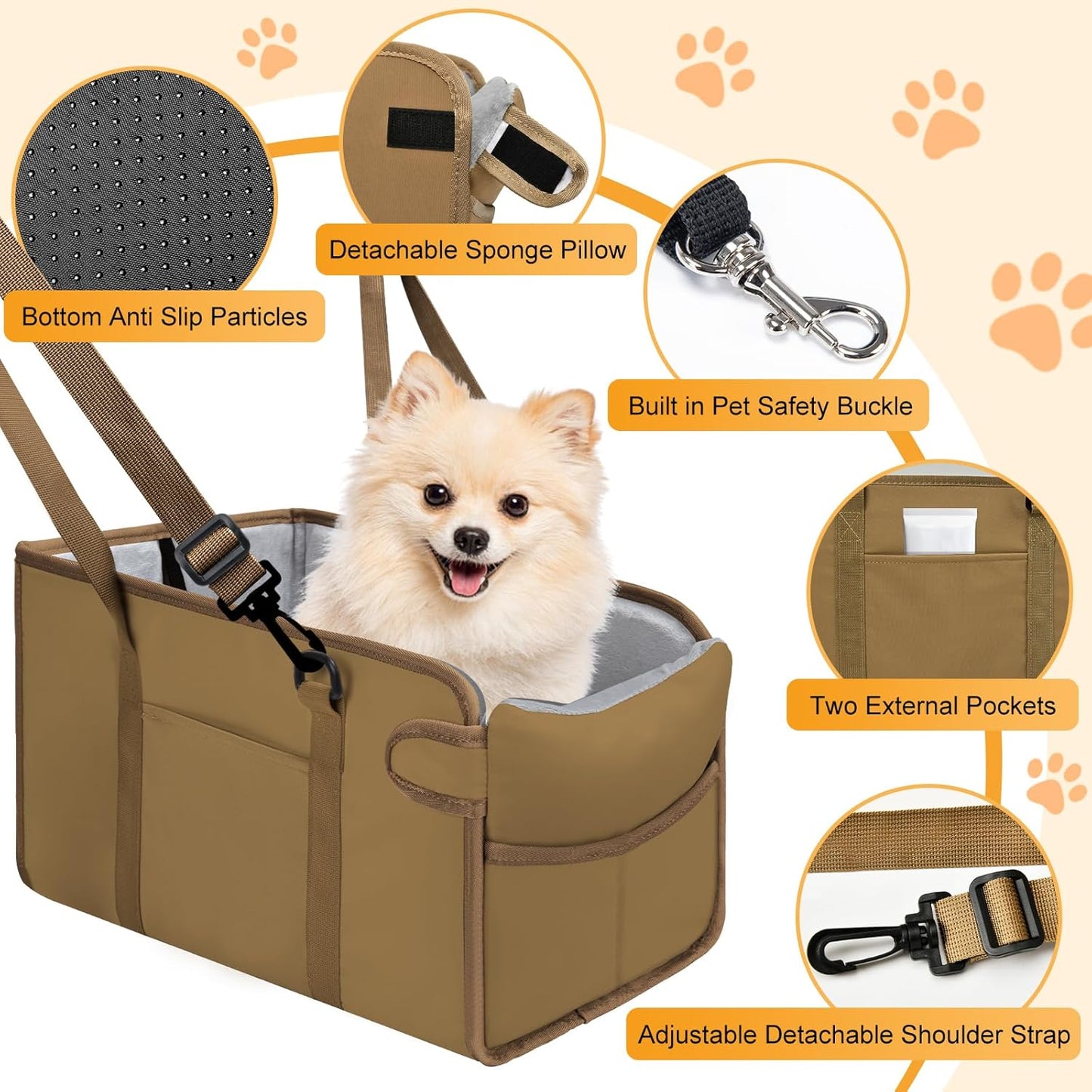 Portable Dog Car Seat for Small Dogs - Adjustable Safety Leash, Washable Cushion & Storage Pocket - Pet Booster Seat for Car Travel- Khaki