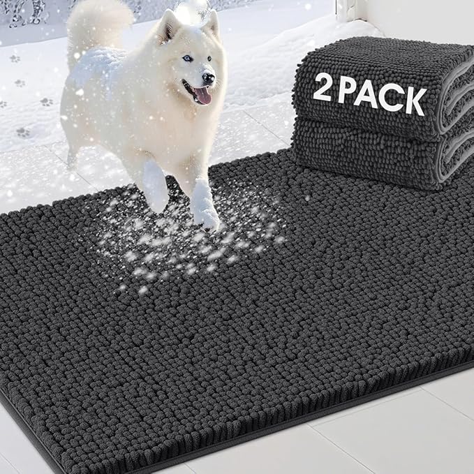 2 Pieces Muddy Door Mats for Dogs, Chenille Absorbent Pet Mats, Quick Dry, Trap Dirt Non Slip Heavy Indoor Doormat Soft Dog Bed Mat Front Inside Door Mat for Indoor Outdoor Entrance,Dark Grey