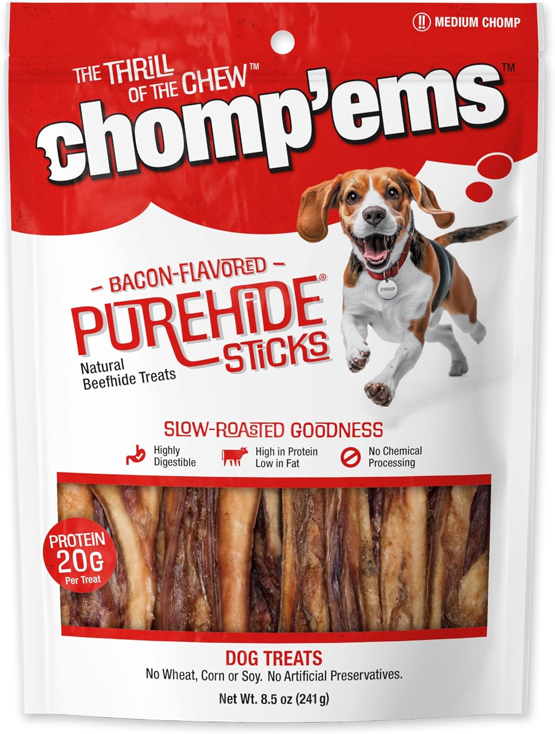 CHOMP 'EMS Purehide Chews - Slow Roasted Naturally Delicious Rawhide Dog Treats - High Protein Beef Hide - Bacon Flavor, Sticks, 8.5 Oz.
