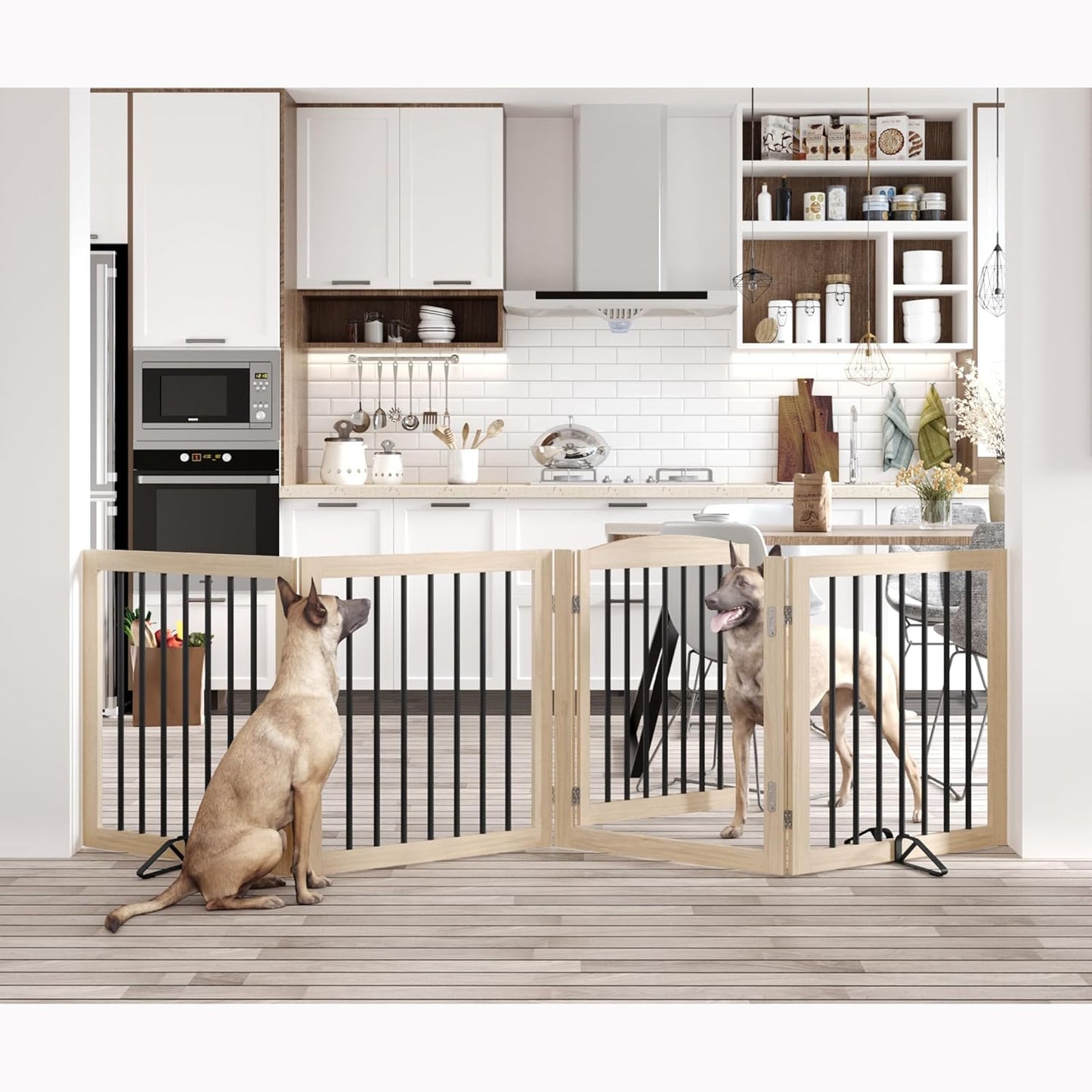 Vantas Folding Pet Gate 96" Wide, 30" Tall No-Assembly Wooden Dog Gate with Door Walk Through, Freestanding Pet Gate, Puppy Safety Fence, with 2PCS Support - Natural White