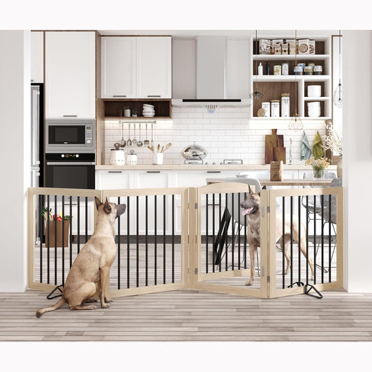 Vantas Folding Pet Gate 96" Wide, 30" Tall No-Assembly Wooden Dog Gate with Door Walk Through, Freestanding Pet Gate, Puppy Safety Fence, with 2PCS Support - Natural White