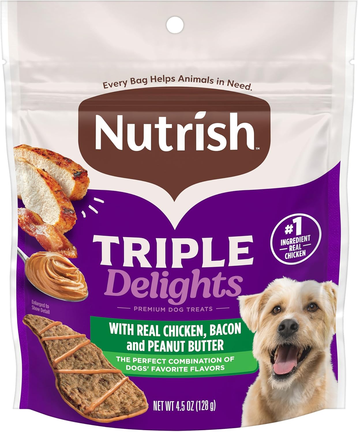 Nutrish Triple Delights Premium Dog Treats with Real Chicken, Bacon, and Peanut Butter, 4.5 oz. Pouch, Pack of 5