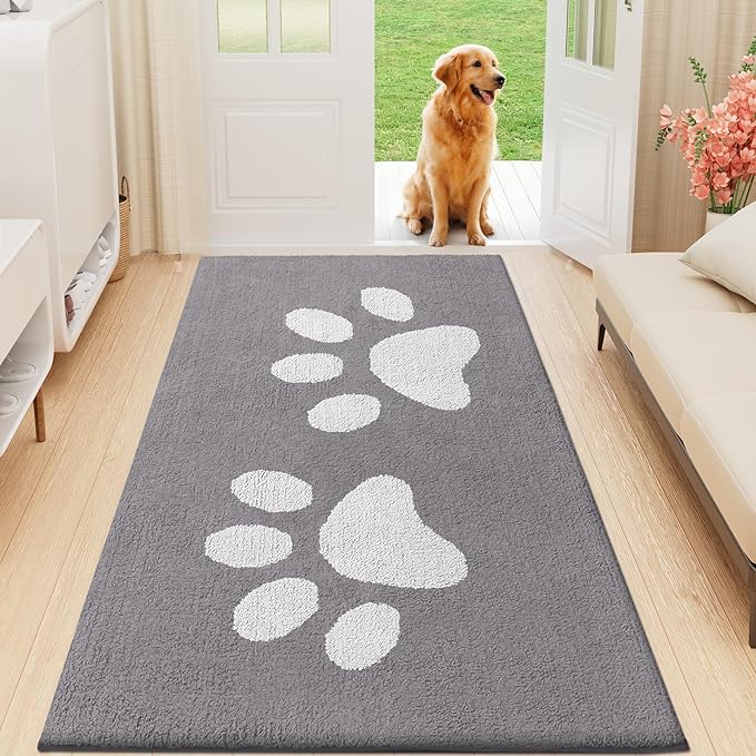 Buganda Dog Door Mat for Muddy Paws, Absorbent Dirt Trapper Washable Indoor Doormats, Non Slip Low-Profile Mud Mat for Dogs, Front Entrance Doormat for Inside Floor (59x35 Inches, Light Grey)