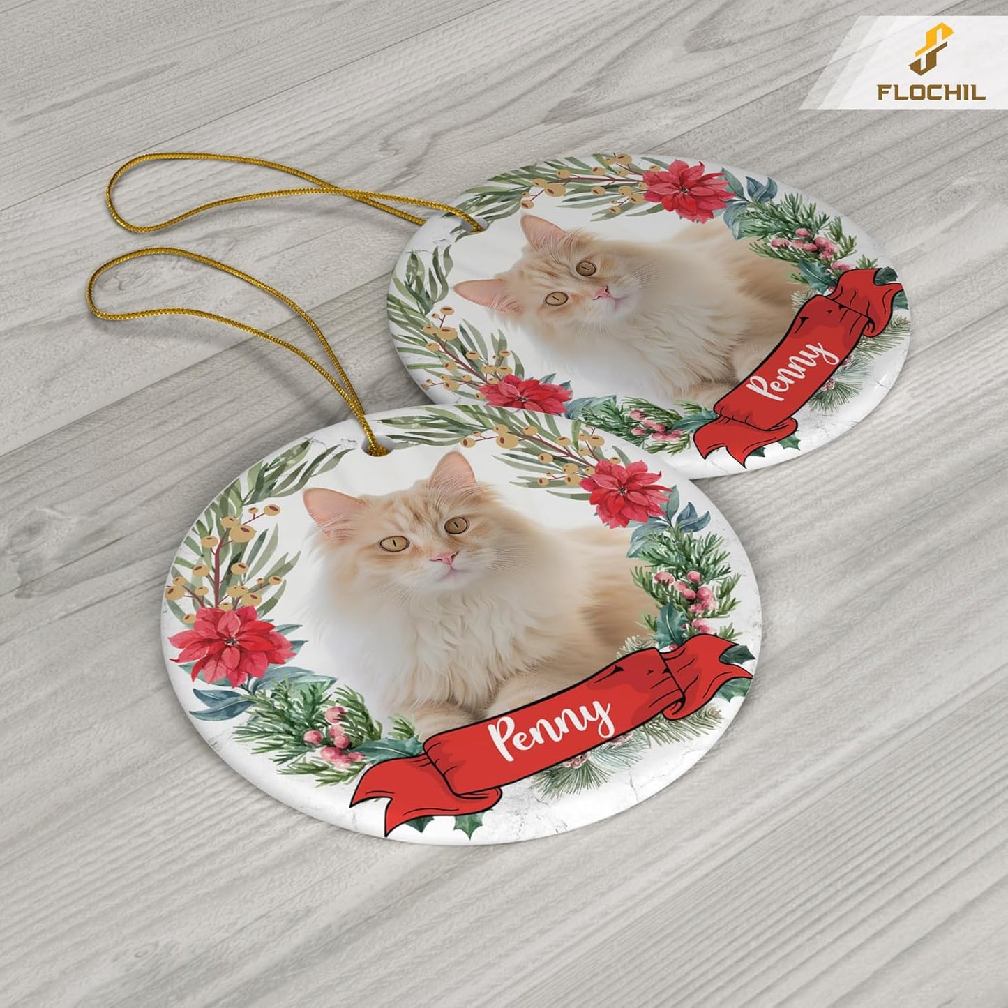 FLOCHIL Personalized Cat Christmas Ornaments Custom Photo Name for Christmas Trees, Cat First Christmas Ornaments, Gifts for Pet Lovers