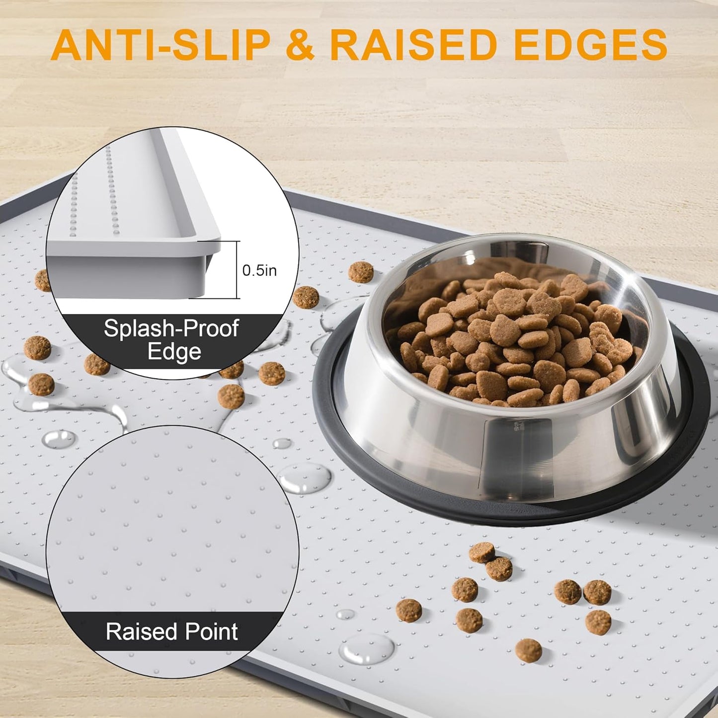 Mofason Pet Food Mat Waterproof Dog Mat 24”x16” Large – 0.5” inch Raised Edge,Cat Silicone Feeding Placemat Water Bowl Tray for Floors, Nonslip Washable Dog Mat for Food and Water