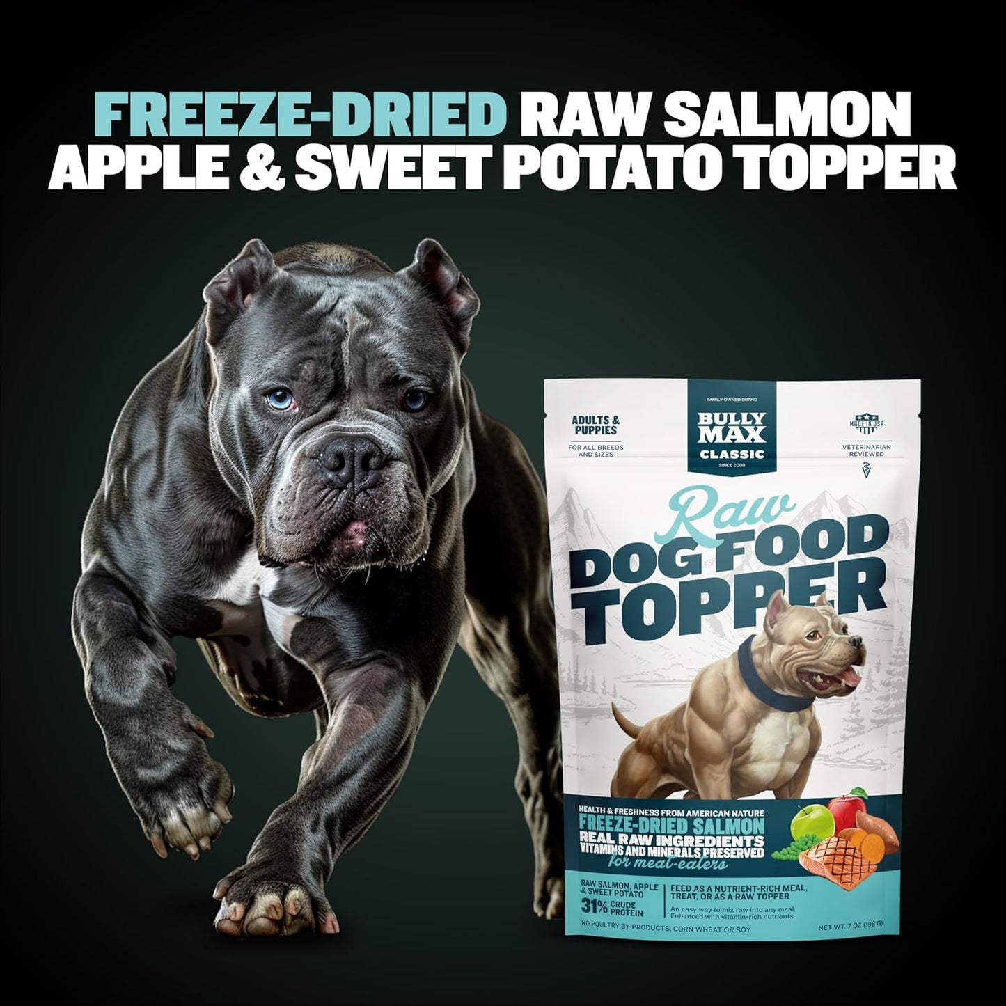 Bully Max Freeze-Dried Raw Dog Food Toppers for Puppies & Adult Dogs - Salmon with Real Fruits & Veggies - Meal Enhancers with Vitamins & Minerals - Feed as Puppy Treat or Dog Meal