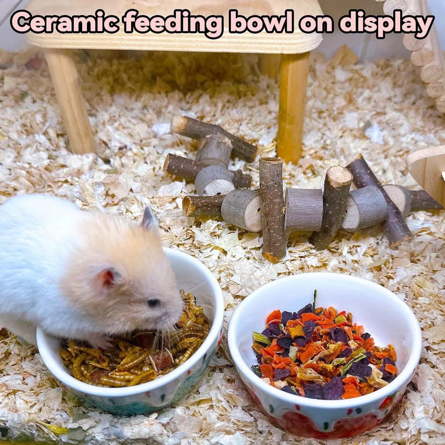 2 Pack Hamster Food Bowl Small Animals Ceramic Food Water Bowl Rat Bowls Prevent Tipping Moving for Gerbil Chinchilla Hedgehog (Color: Red + Blue)