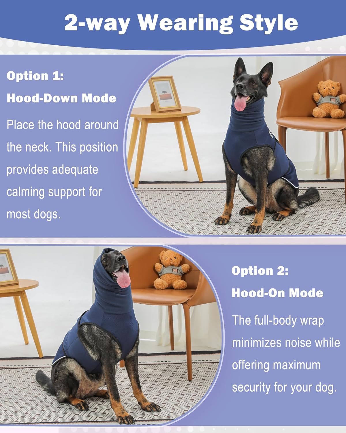 Dog Anxiety Vest with Hood, Skin-Friendly Thunder Jacket for Dogs, All-in-One Dog Calming Shirt with Hood for Thunder, Fireworks, Separation - Keep Pet Calm Without Medicine, Dark Blue, 2XL