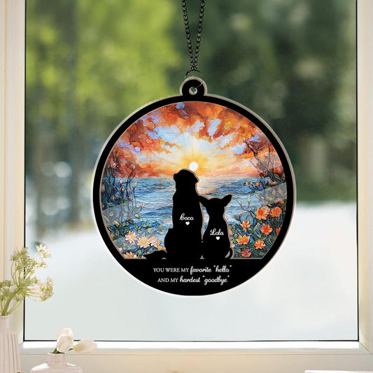 Personalized Dog Memorial Suncatcher – Custom Multiple Pet with Names, Breeds, and Background Options, Dog Loss Sympathy Gift, Pet Remembrance Keepsake