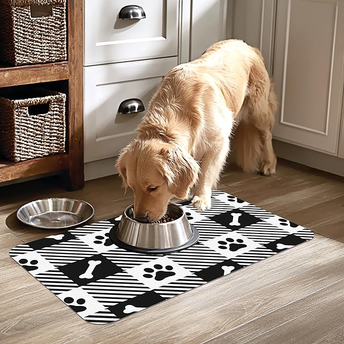 Paw Bone Plaid Pet Cat Dog Food Mat-Absorbent Quick Dry Feeding Placemat for Water and Food, No Stains Rubber Base Mat for Indoor Use, Pet Accessories 16"x24"