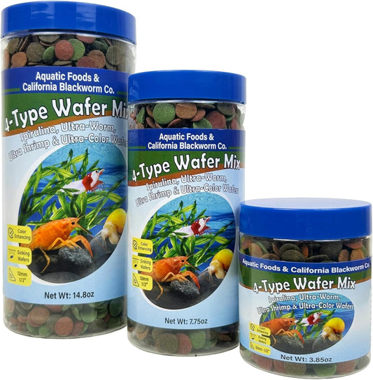 Aquatic Foods Inc. 4-Type 12mm - 1/2" Sinking Wafer Mix of Spirulina-Algae, Ultra-Worm, Shrimp, Color Enhancing for Shrimp, Snails, Crabs, Crayfish, Bottom Fish, 12-Type Pellet Mix Included...1-lb 6oz